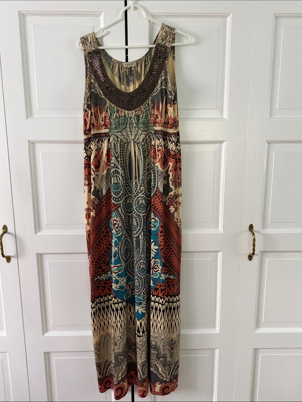 ONE WORLD Sleeveless Maxi Dress in Cream, Teal, Rust & Black